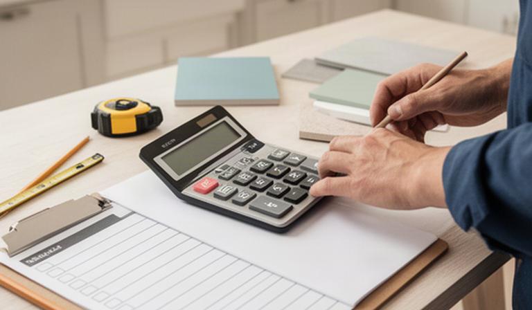 Contractor reviewing a renovation calculator and written checklist on a bright kitchen worktable