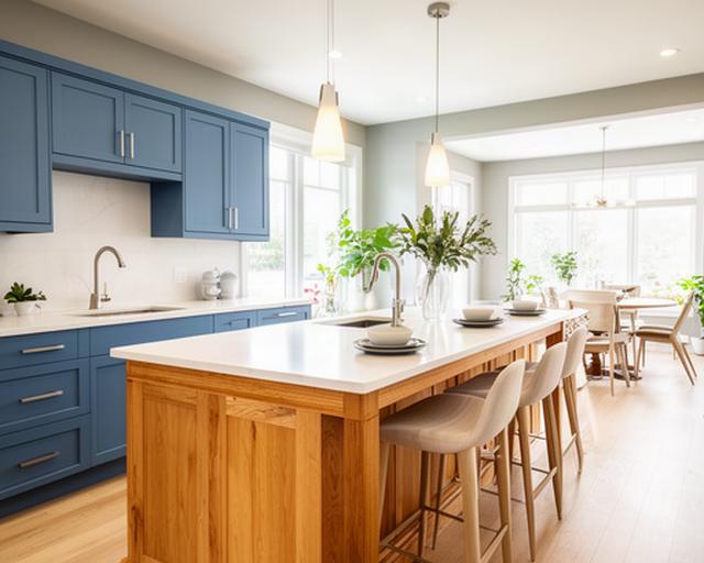 Bright renovated kitchen with blue cabinets, oak island, and open sightline to dining area