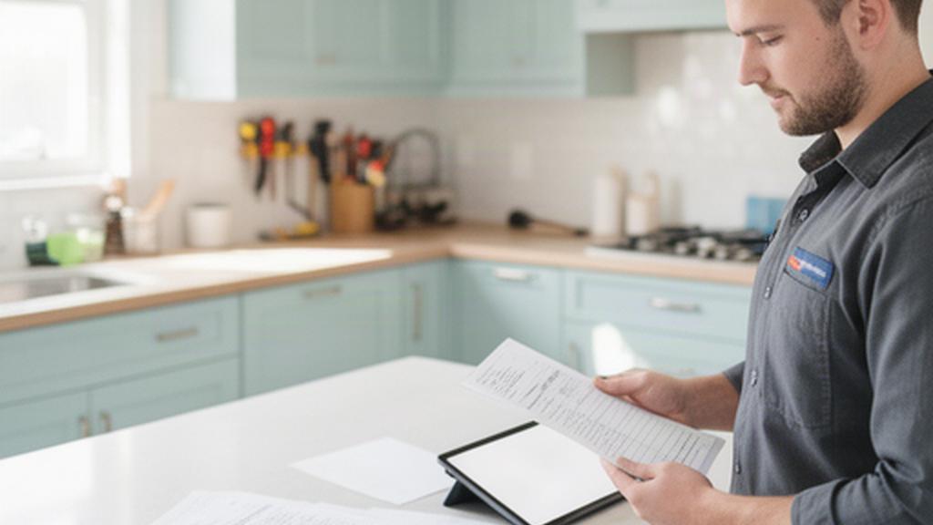 Home service professional reviewing a work order beside a bright Woolwich kitchen