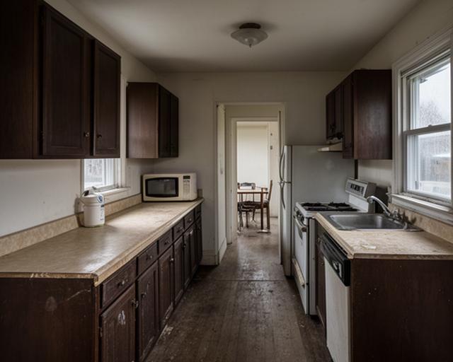 Dated Woolwich kitchen with dark cabinets, laminate counters, and limited prep space