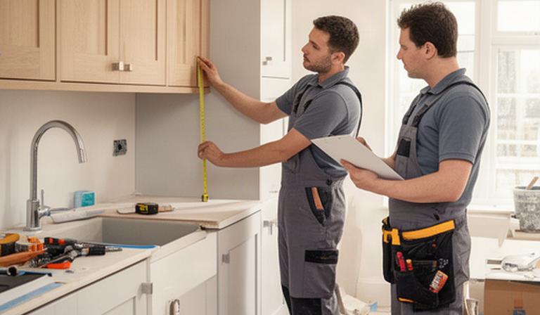 Two uniformed home service technicians measuring a bright Woolwich kitchen during a renovation visit